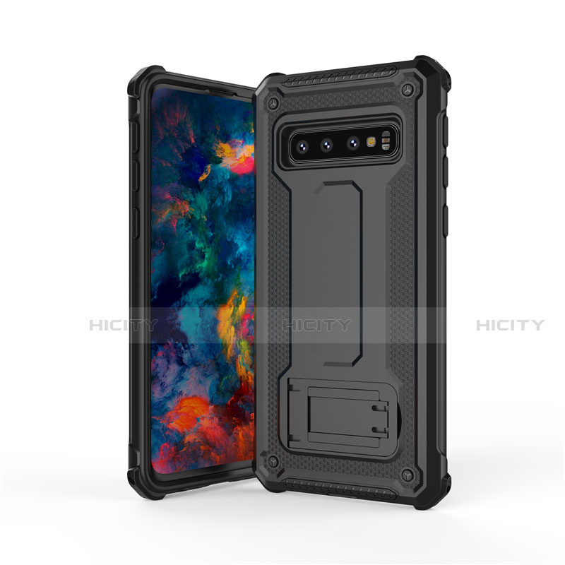 Coque Contour Silicone et Plastique Housse Etui Mat avec Support T01 pour Samsung Galaxy S10 5G Noir Plus