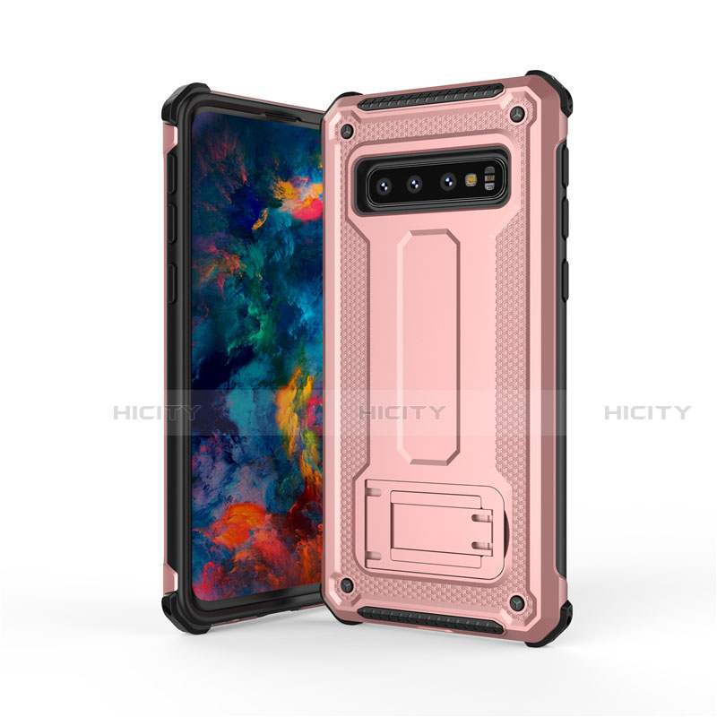 Coque Contour Silicone et Plastique Housse Etui Mat avec Support T01 pour Samsung Galaxy S10 5G Or Rose Plus