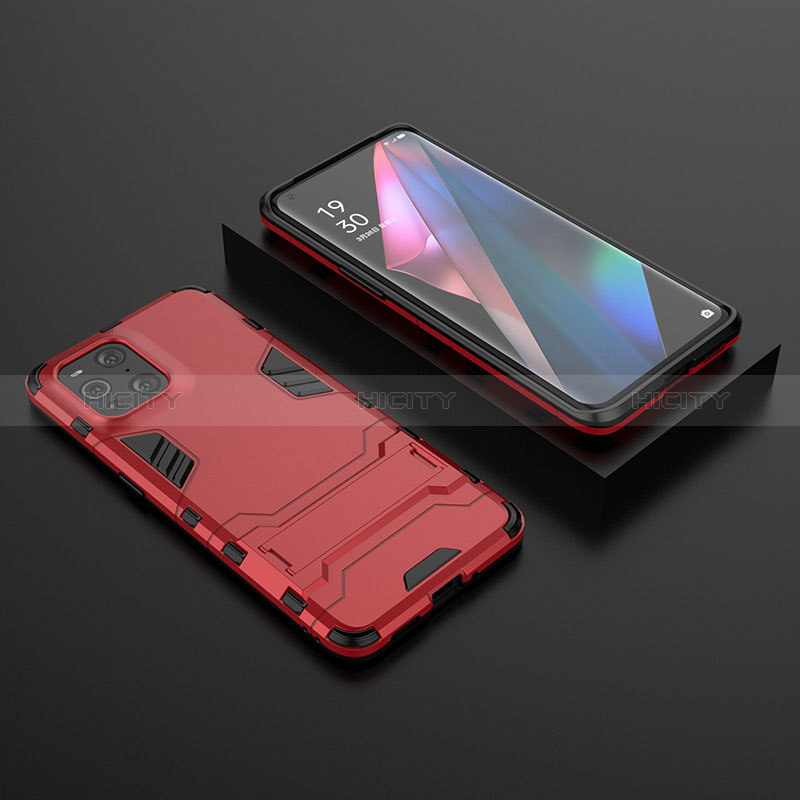 Coque Contour Silicone et Plastique Housse Etui Mat avec Support T02 pour Oppo Find X3 5G Rouge Plus