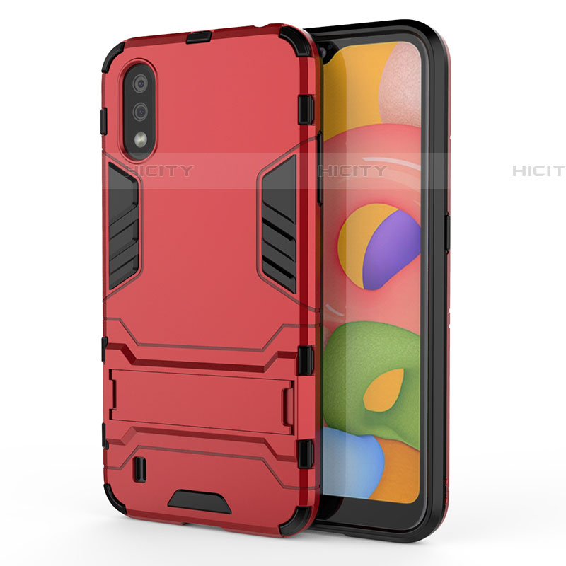 Coque Contour Silicone et Plastique Housse Etui Mat avec Support T02 pour Samsung Galaxy A01 SM-A015 Rouge Plus