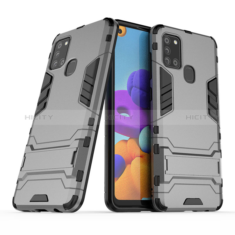 Coque Contour Silicone et Plastique Housse Etui Mat avec Support T02 pour Samsung Galaxy A21s Gris Plus