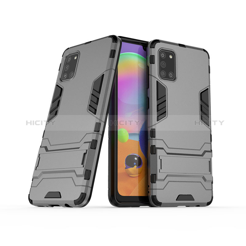 Coque Contour Silicone et Plastique Housse Etui Mat avec Support T02 pour Samsung Galaxy A31 Gris Plus