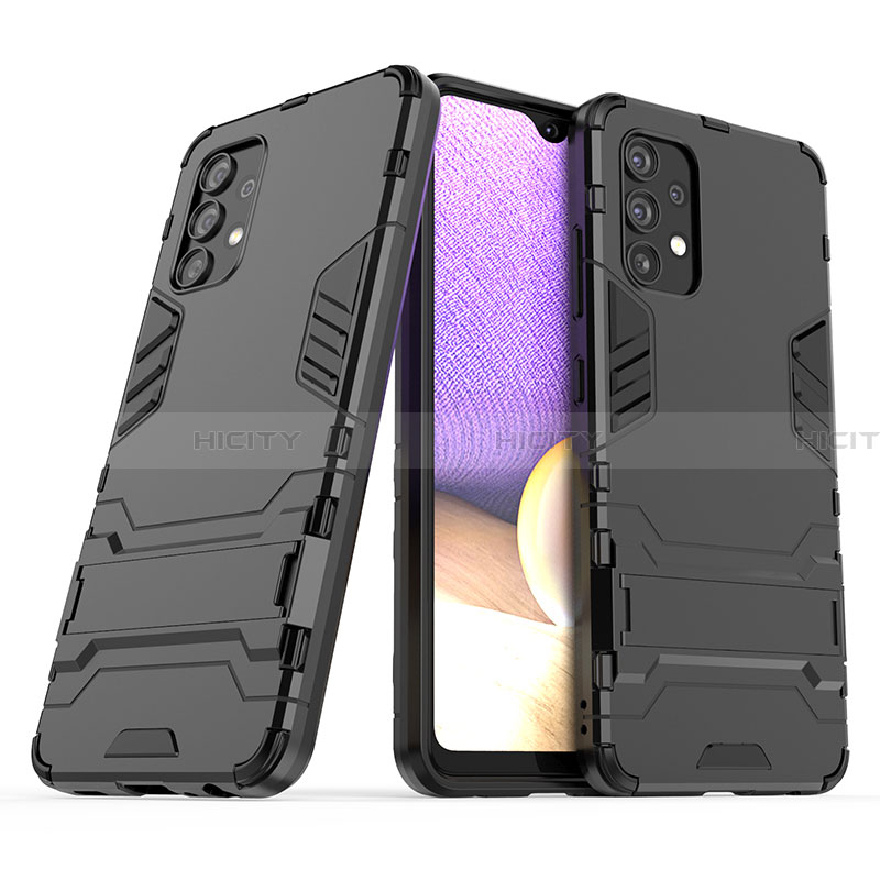 Coque Contour Silicone et Plastique Housse Etui Mat avec Support T02 pour Samsung Galaxy A32 4G Noir Plus