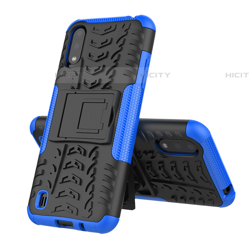 Coque Contour Silicone et Plastique Housse Etui Mat avec Support T04 pour Samsung Galaxy A01 SM-A015 Bleu Plus