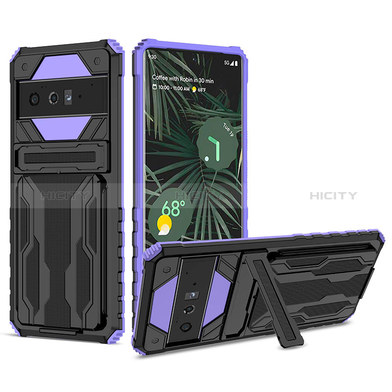 Coque Contour Silicone et Plastique Housse Etui Mat avec Support YF1 pour Google Pixel 6 Pro 5G Violet Plus