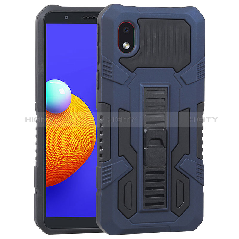 Coque Contour Silicone et Plastique Housse Etui Mat avec Support YF1 pour Samsung Galaxy A01 Core Bleu Plus