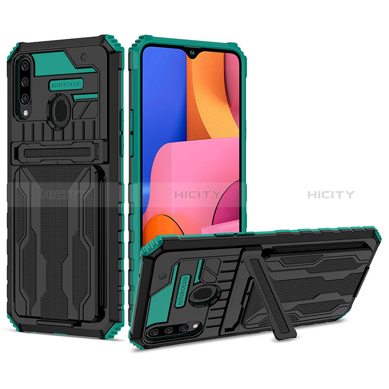 Coque Contour Silicone et Plastique Housse Etui Mat avec Support YF1 pour Samsung Galaxy A20s Vert Plus