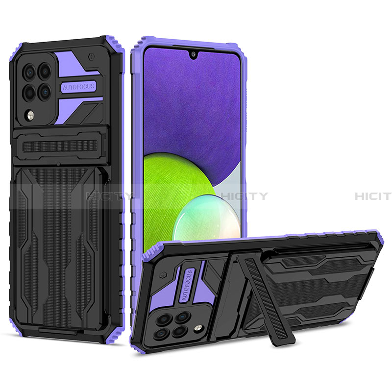 Coque Contour Silicone et Plastique Housse Etui Mat avec Support YF1 pour Samsung Galaxy A22 4G Violet Plus