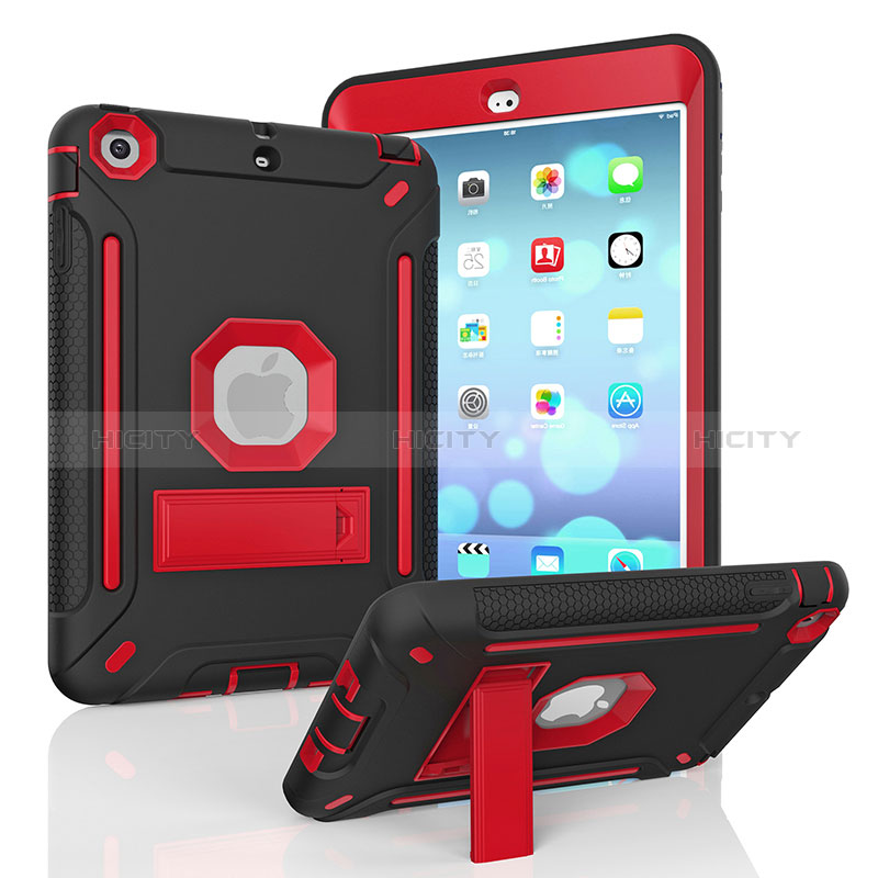 Coque Contour Silicone et Plastique Housse Etui Mat avec Support YJ1 pour Apple iPad Mini 2 Rouge et Noir Plus