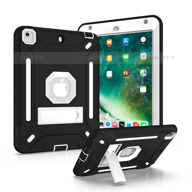 Coque Contour Silicone et Plastique Housse Etui Mat avec Support YJ1 pour Apple iPad Mini 4 Argent et Noir Plus