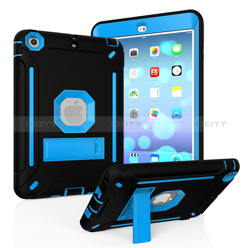 Coque Contour Silicone et Plastique Housse Etui Mat avec Support YJ2 pour Apple iPad Mini Bleu et Noir Plus