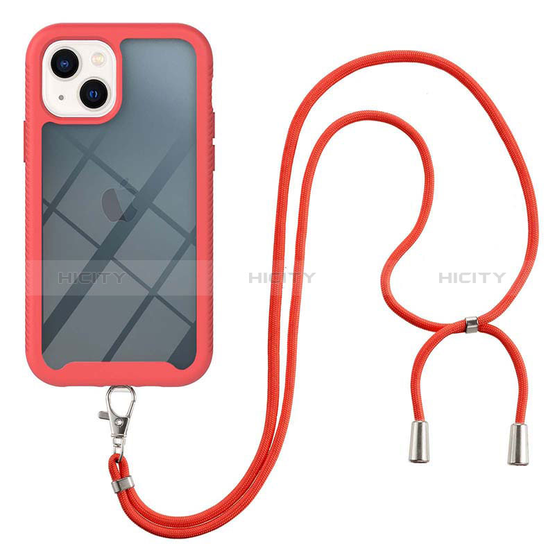 Coque Contour Silicone et Plastique Housse Etui Protection Integrale 360 Degres avec Laniere Strap pour Apple iPhone 13 Rouge Plus