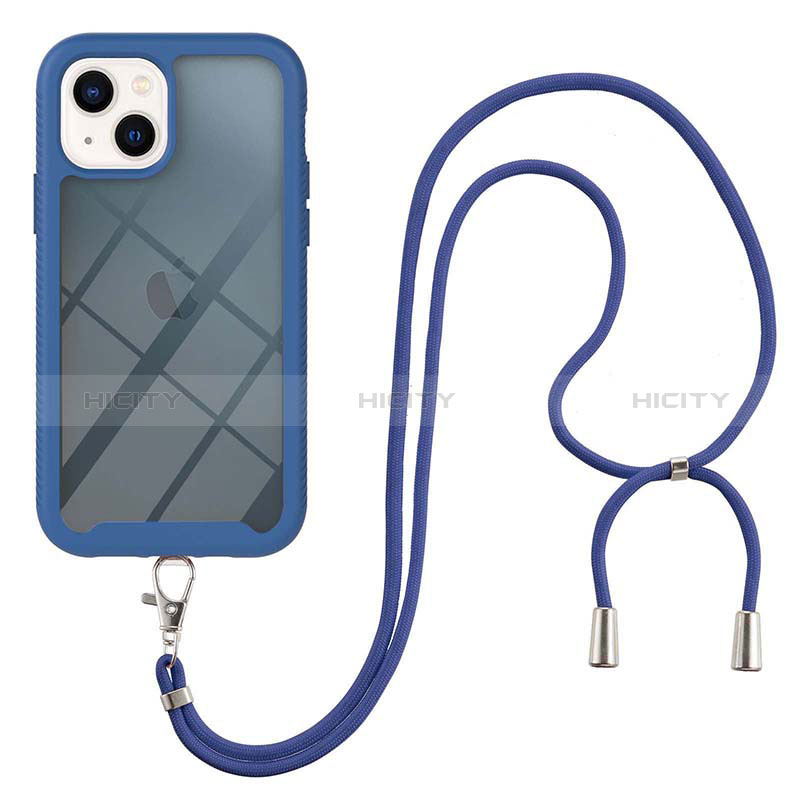 Coque Contour Silicone et Plastique Housse Etui Protection Integrale 360 Degres avec Laniere Strap pour Apple iPhone 14 Plus Bleu Plus