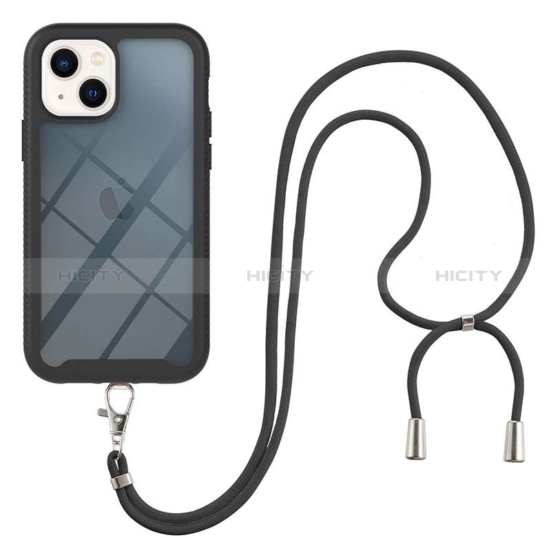 Coque Contour Silicone et Plastique Housse Etui Protection Integrale 360 Degres avec Laniere Strap pour Apple iPhone 14 Plus Noir Plus