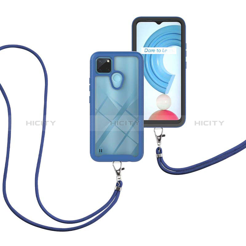 Coque Contour Silicone et Plastique Housse Etui Protection Integrale 360 Degres avec Laniere Strap pour Realme C21Y Bleu Plus