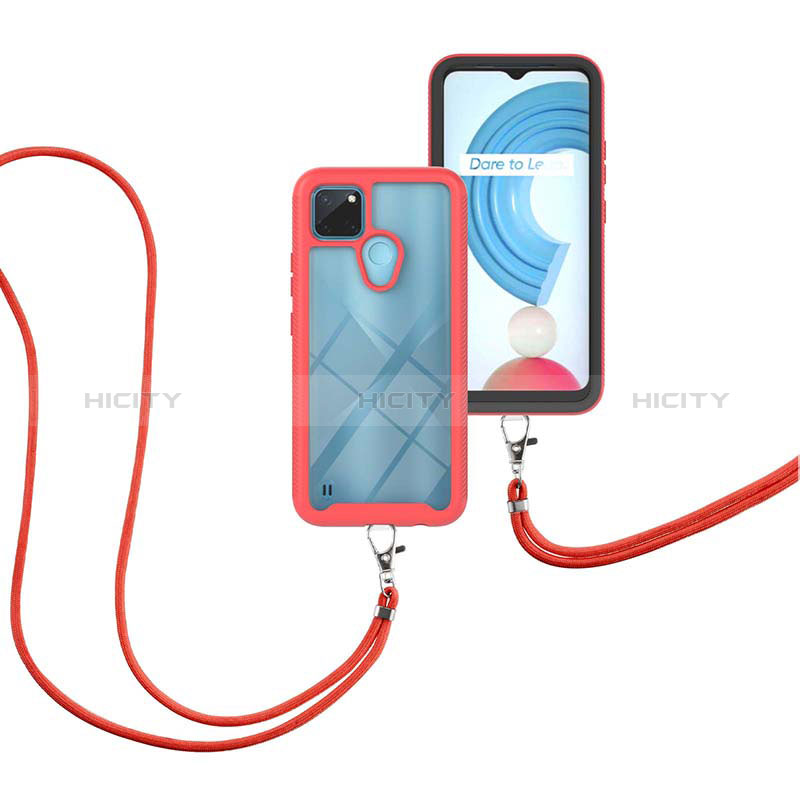 Coque Contour Silicone et Plastique Housse Etui Protection Integrale 360 Degres avec Laniere Strap pour Realme C21Y Rouge Plus