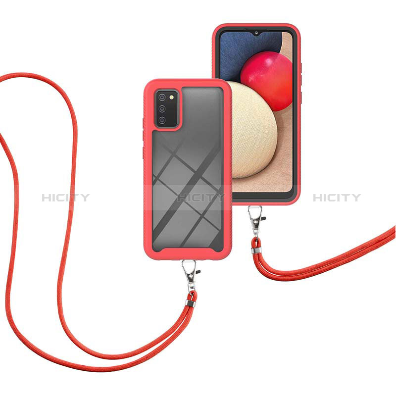 Coque Contour Silicone et Plastique Housse Etui Protection Integrale 360 Degres avec Laniere Strap pour Samsung Galaxy A02s Rouge Plus