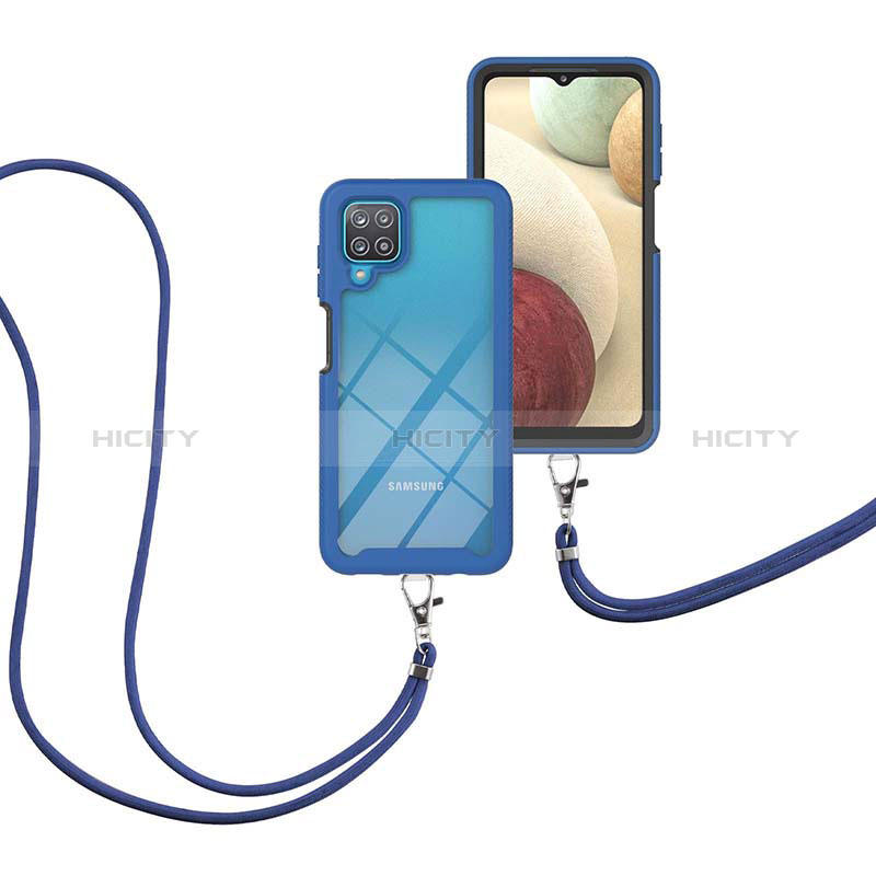 Coque Contour Silicone et Plastique Housse Etui Protection Integrale 360 Degres avec Laniere Strap pour Samsung Galaxy A12 5G Bleu Plus