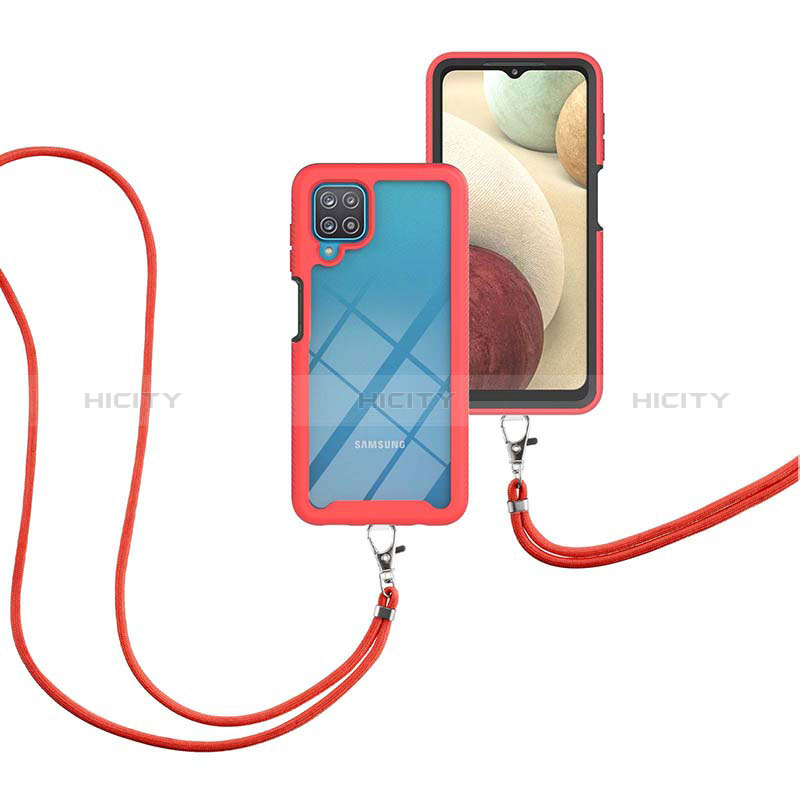 Coque Contour Silicone et Plastique Housse Etui Protection Integrale 360 Degres avec Laniere Strap pour Samsung Galaxy A12 5G Rouge Plus