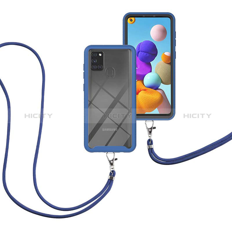 Coque Contour Silicone et Plastique Housse Etui Protection Integrale 360 Degres avec Laniere Strap pour Samsung Galaxy A21s Bleu Plus