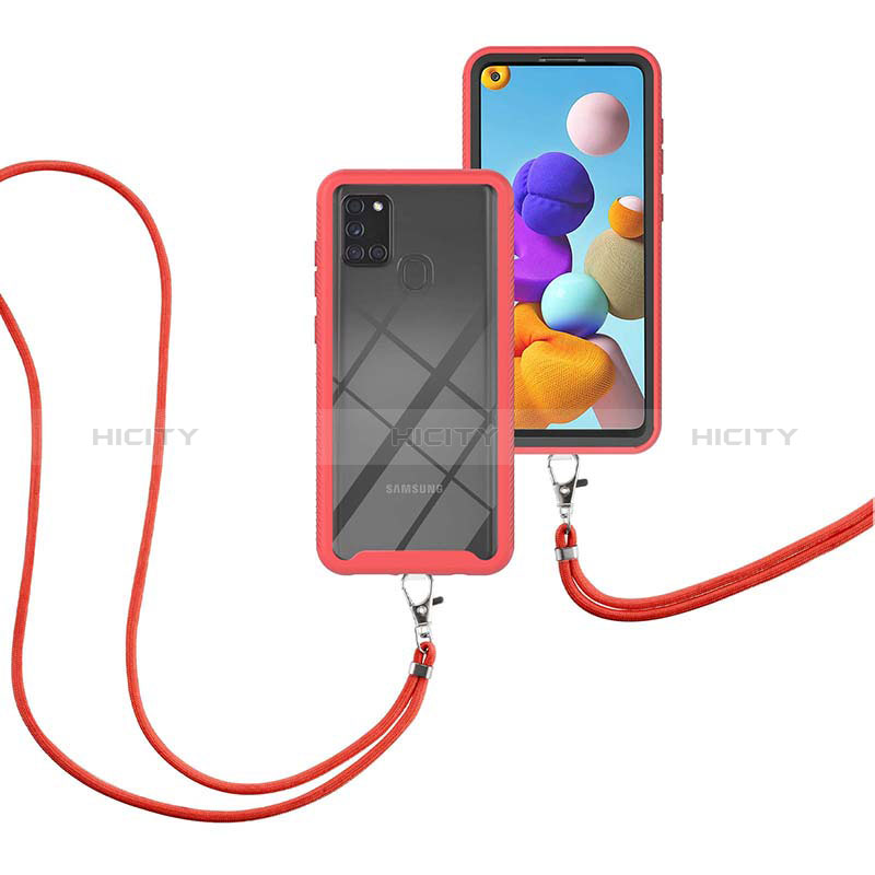 Coque Contour Silicone et Plastique Housse Etui Protection Integrale 360 Degres avec Laniere Strap pour Samsung Galaxy A21s Rouge Plus