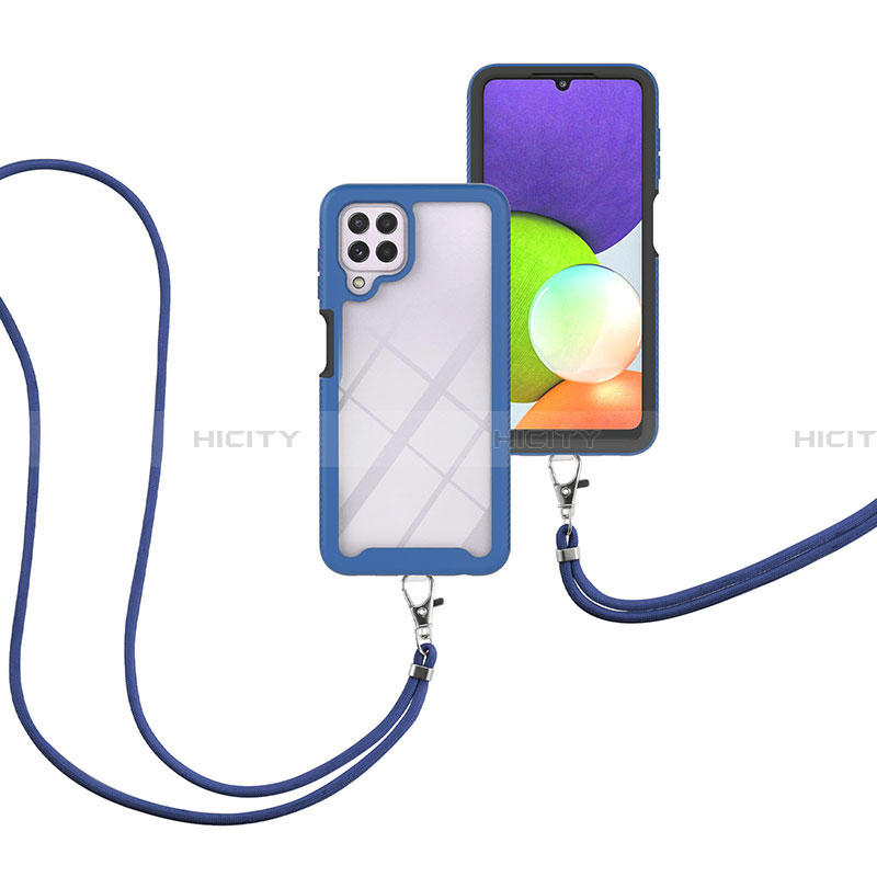Coque Contour Silicone et Plastique Housse Etui Protection Integrale 360 Degres avec Laniere Strap pour Samsung Galaxy A22 4G Bleu Plus