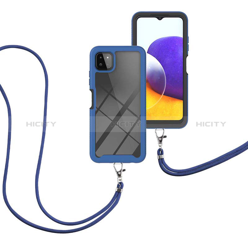 Coque Contour Silicone et Plastique Housse Etui Protection Integrale 360 Degres avec Laniere Strap pour Samsung Galaxy A22s 5G Bleu Plus