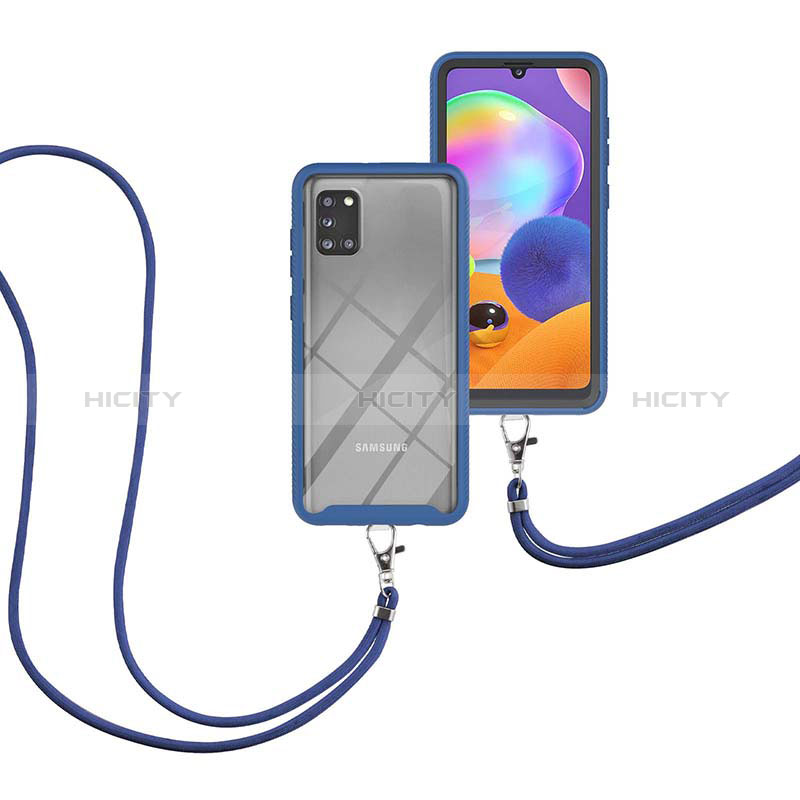 Coque Contour Silicone et Plastique Housse Etui Protection Integrale 360 Degres avec Laniere Strap pour Samsung Galaxy A31 Bleu Plus