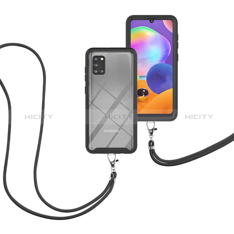 Coque Contour Silicone et Plastique Housse Etui Protection Integrale 360 Degres avec Laniere Strap pour Samsung Galaxy A31 Noir Plus