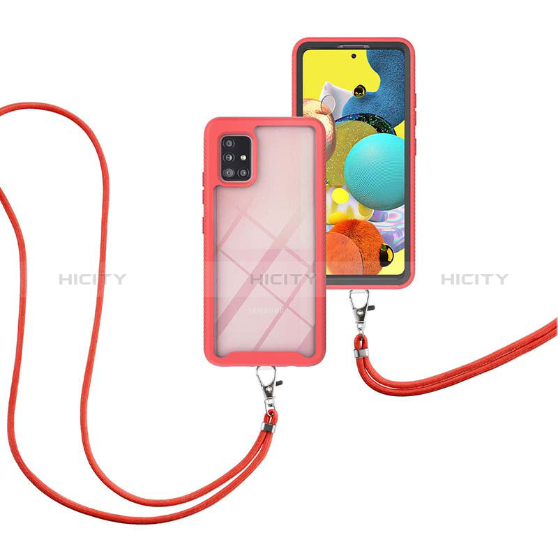 Coque Contour Silicone et Plastique Housse Etui Protection Integrale 360 Degres avec Laniere Strap pour Samsung Galaxy A51 5G Rouge Plus