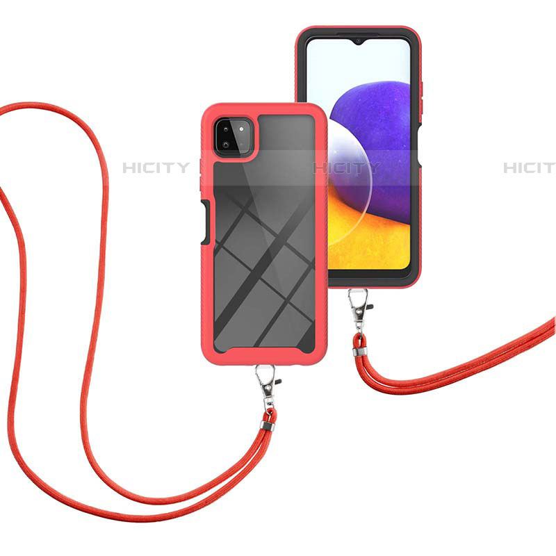 Coque Contour Silicone et Plastique Housse Etui Protection Integrale 360 Degres avec Laniere Strap pour Samsung Galaxy F42 5G Rouge Plus