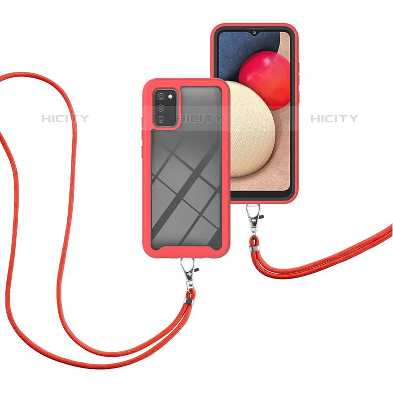 Coque Contour Silicone et Plastique Housse Etui Protection Integrale 360 Degres avec Laniere Strap pour Samsung Galaxy M02s Rouge Plus