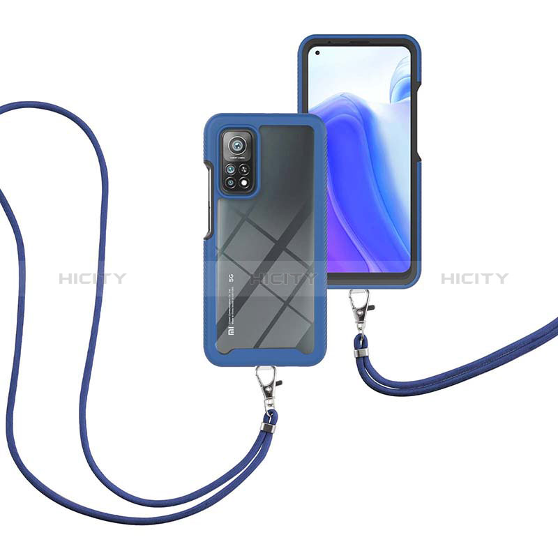 Coque Contour Silicone et Plastique Housse Etui Protection Integrale 360 Degres avec Laniere Strap pour Xiaomi Mi 10T 5G Bleu Plus