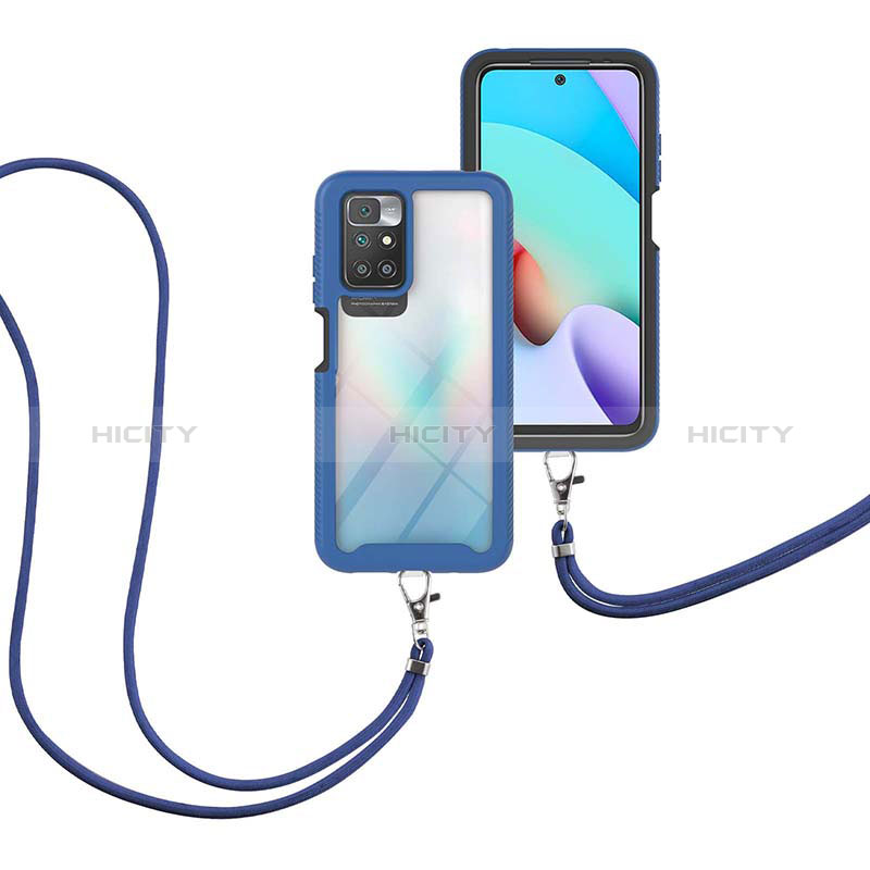 Coque Contour Silicone et Plastique Housse Etui Protection Integrale 360 Degres avec Laniere Strap pour Xiaomi Redmi 10 4G Bleu Plus