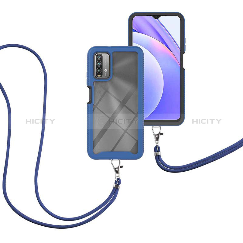 Coque Contour Silicone et Plastique Housse Etui Protection Integrale 360 Degres avec Laniere Strap pour Xiaomi Redmi 9 Power Bleu Plus