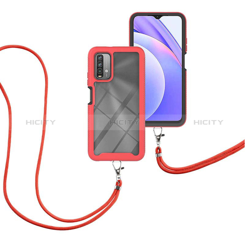 Coque Contour Silicone et Plastique Housse Etui Protection Integrale 360 Degres avec Laniere Strap pour Xiaomi Redmi 9T 4G Rouge Plus