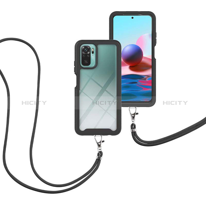 Coque Contour Silicone et Plastique Housse Etui Protection Integrale 360 Degres avec Laniere Strap pour Xiaomi Redmi Note 10 4G Noir Plus