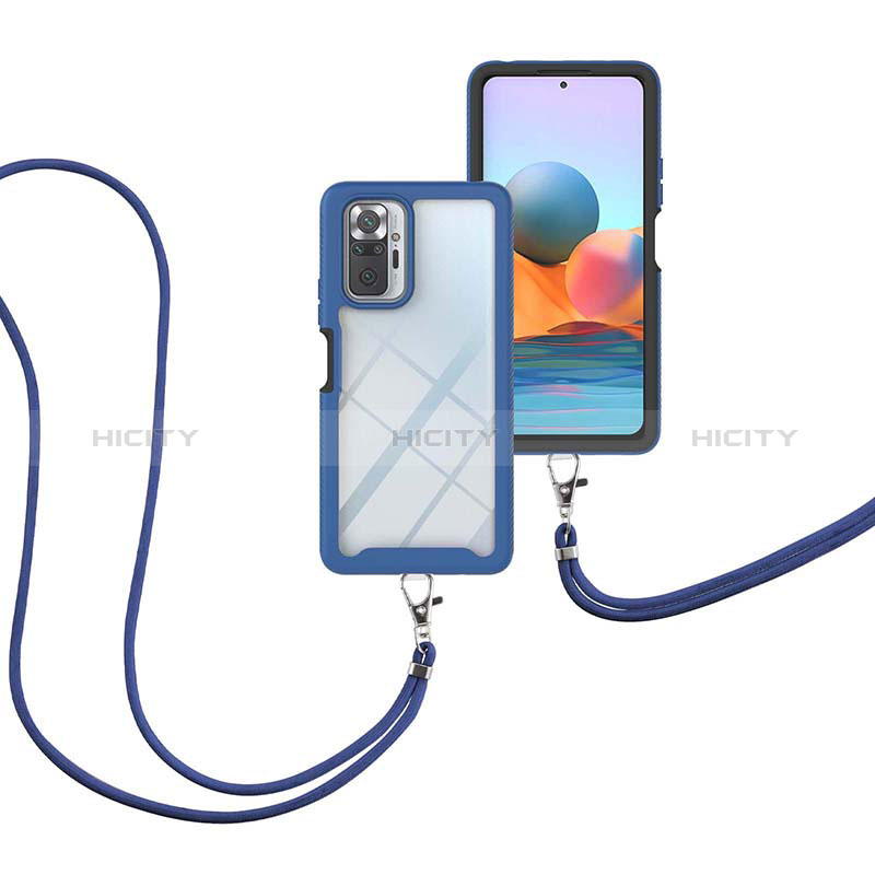 Coque Contour Silicone et Plastique Housse Etui Protection Integrale 360 Degres avec Laniere Strap pour Xiaomi Redmi Note 10 Pro 4G Bleu Plus