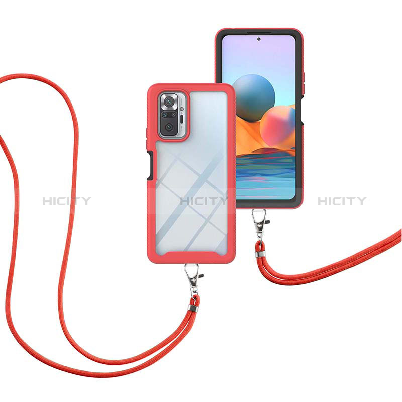 Coque Contour Silicone et Plastique Housse Etui Protection Integrale 360 Degres avec Laniere Strap pour Xiaomi Redmi Note 10 Pro 4G Rouge Plus