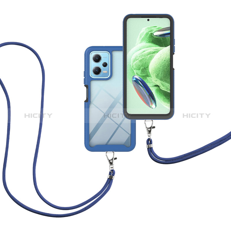 Coque Contour Silicone et Plastique Housse Etui Protection Integrale 360 Degres avec Laniere Strap pour Xiaomi Redmi Note 12 5G Bleu Plus