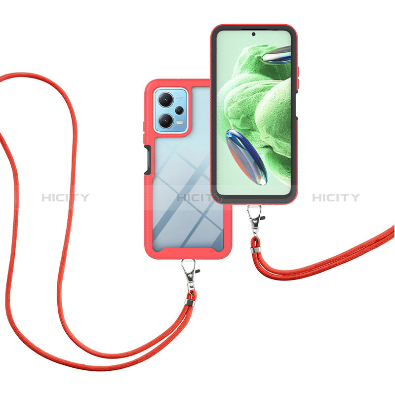 Coque Contour Silicone et Plastique Housse Etui Protection Integrale 360 Degres avec Laniere Strap pour Xiaomi Redmi Note 12 5G Rouge Plus