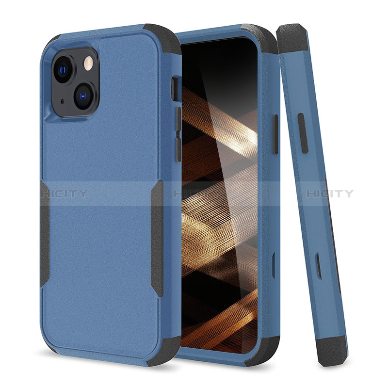 Coque Contour Silicone et Plastique Housse Etui Protection Integrale 360 Degres pour Apple iPhone 15 Bleu et Noir Plus