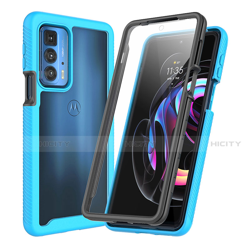 Coque Contour Silicone et Plastique Housse Etui Protection Integrale 360 Degres pour Motorola Moto Edge 20 Pro 5G Bleu Ciel Plus