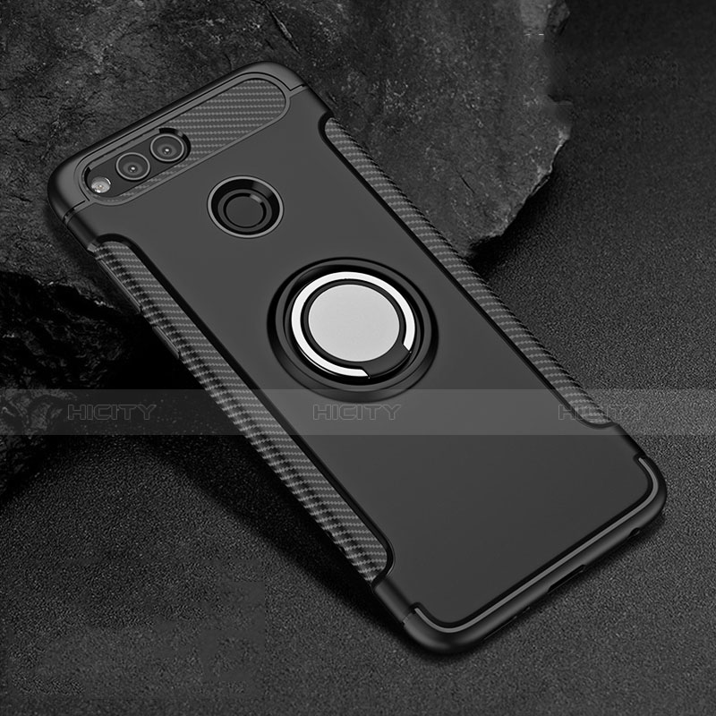 Coque Contour Silicone et Plastique Mat avec Support Bague Anneau A01 pour Huawei Honor 7X Noir Plus