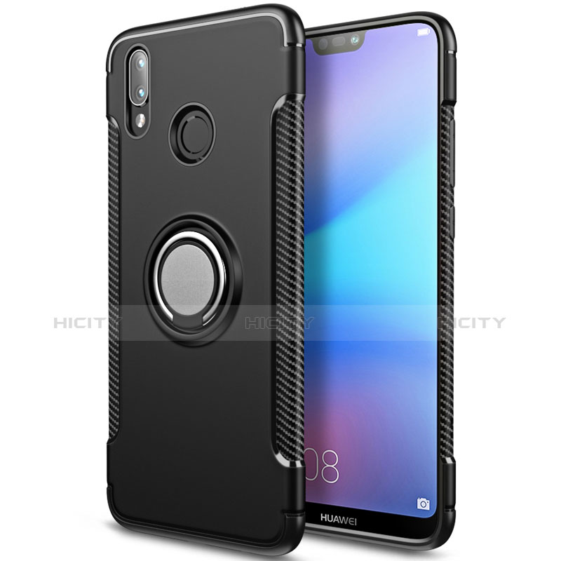 Coque Contour Silicone et Plastique Mat avec Support Bague Anneau pour Huawei Nova 3e Noir Plus