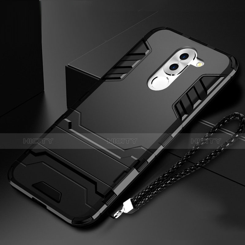 Coque Contour Silicone et Plastique Mat avec Support pour Huawei Honor 6X Pro Noir Plus