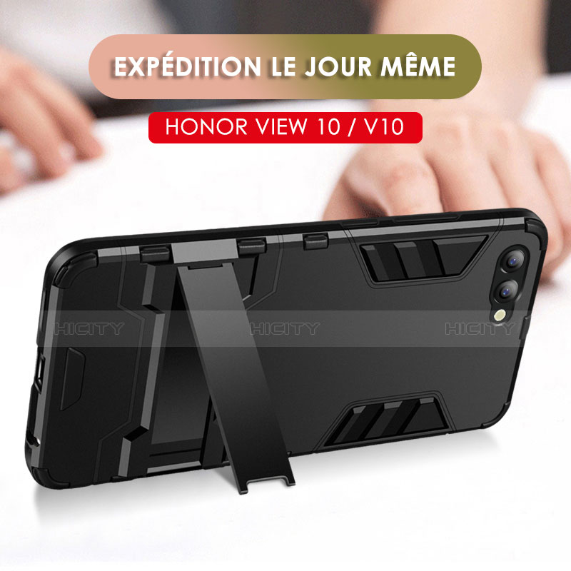 Coque Contour Silicone et Plastique Mat avec Support pour Huawei Honor V10 Noir Plus