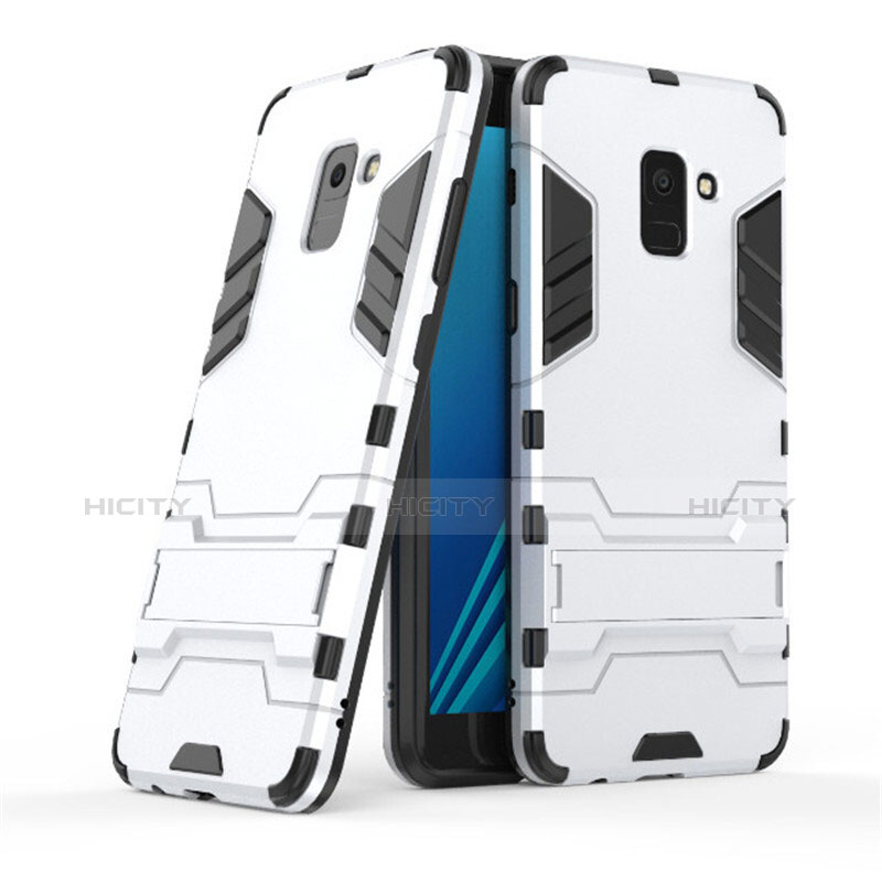 Coque Contour Silicone et Plastique Mat avec Support pour Samsung Galaxy A8+ A8 Plus (2018) Duos A730F Blanc Plus