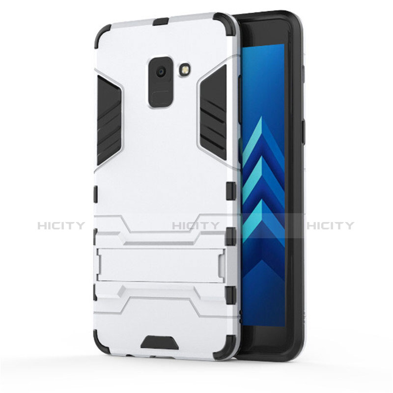 Coque Contour Silicone et Plastique Mat avec Support pour Samsung Galaxy A8+ A8 Plus (2018) Duos A730F Blanc Plus