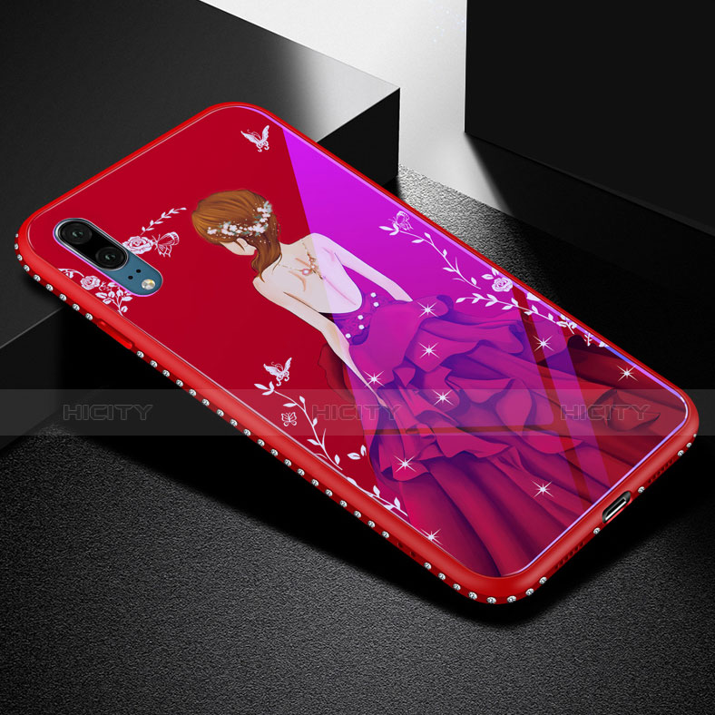 Coque Contour Silicone et Vitre Dos de Fille Miroir Etui Housse pour Huawei P20 Rouge Plus